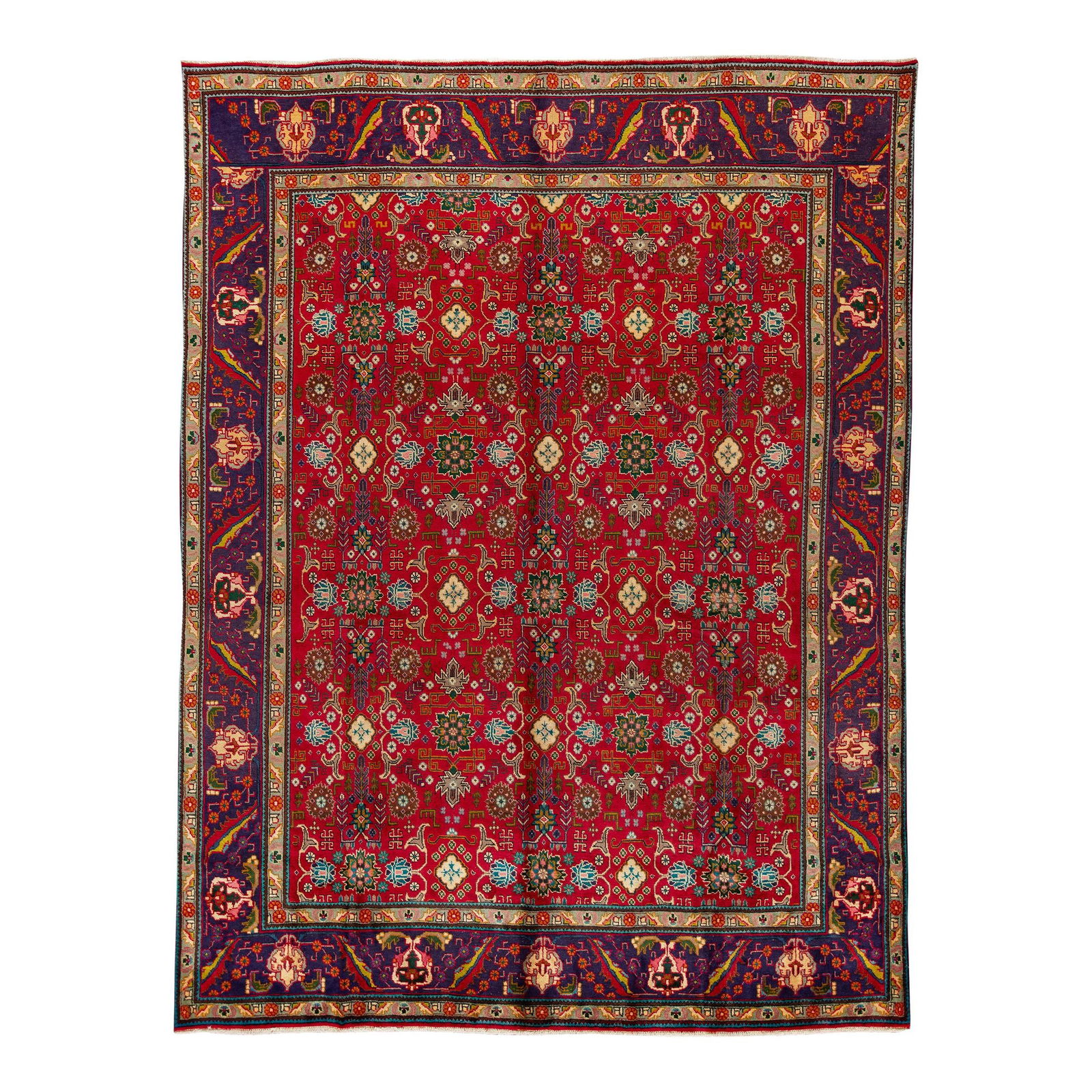 Vintage Persian Tabriz Hand-Knotted Red Floral Wool Rug 9'8 x 12'10: Vintage Persian Tabriz Hand-Knotted Red Floral Wool Rug 9'8 x 12'10 This exquisite vintage Persian Tabriz rug features a stunning red field adorned with an intricate all-over floral design in multiple