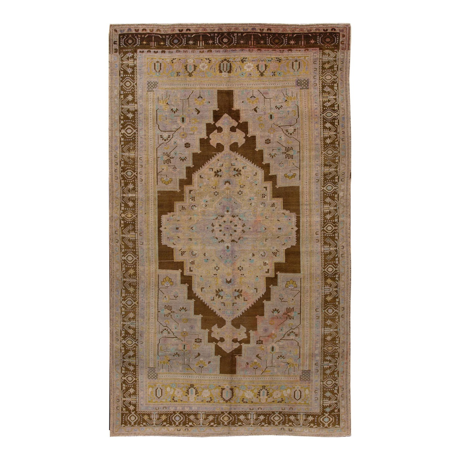 Antique Khotan Handmade Wool Rug Tan Floral Medallion 7'5" x 12'8": Antique Khotan Handmade Wool Rug Tan Floral Medallion 7'5" x 12'8" This exquisite antique Khotan handmade rug features a stunning tan field complemented by a brown-designed frame, adorned with Lila, b