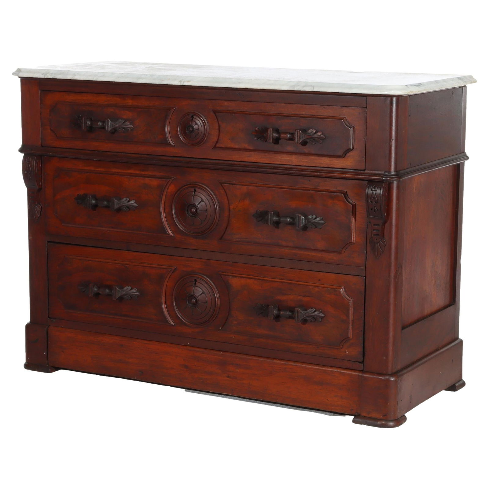 Antique Renaissance Revival Walnut Burl 4-Drawer Marble Top Dresser c1890: Antique Renaissance Revival Walnut Burl 4-Drawer Marble Top Dresser c1890 This Antique Renaissance Revival dresser showcases exquisite craftsmanship from the late 19th century. Constructed from rich w