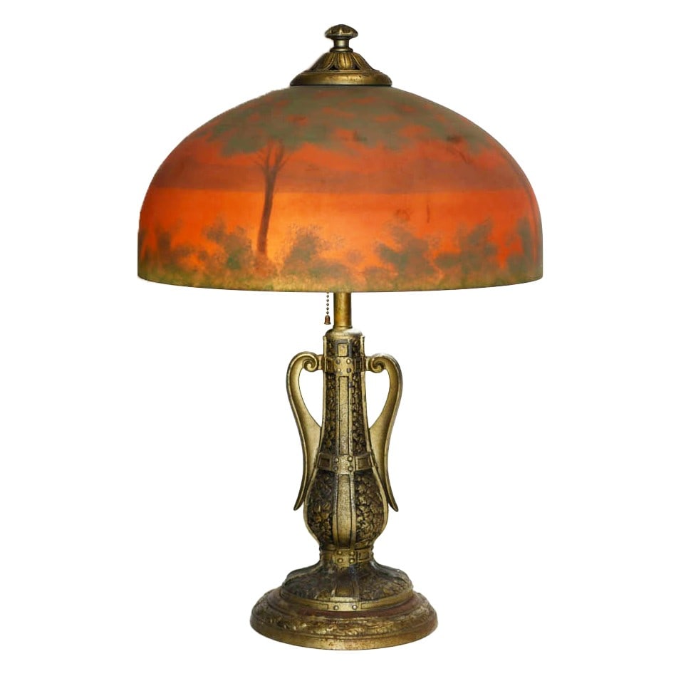 Vintage Handel Style Reverse Painted Table Lamp 1900s Antique (1 of 10)