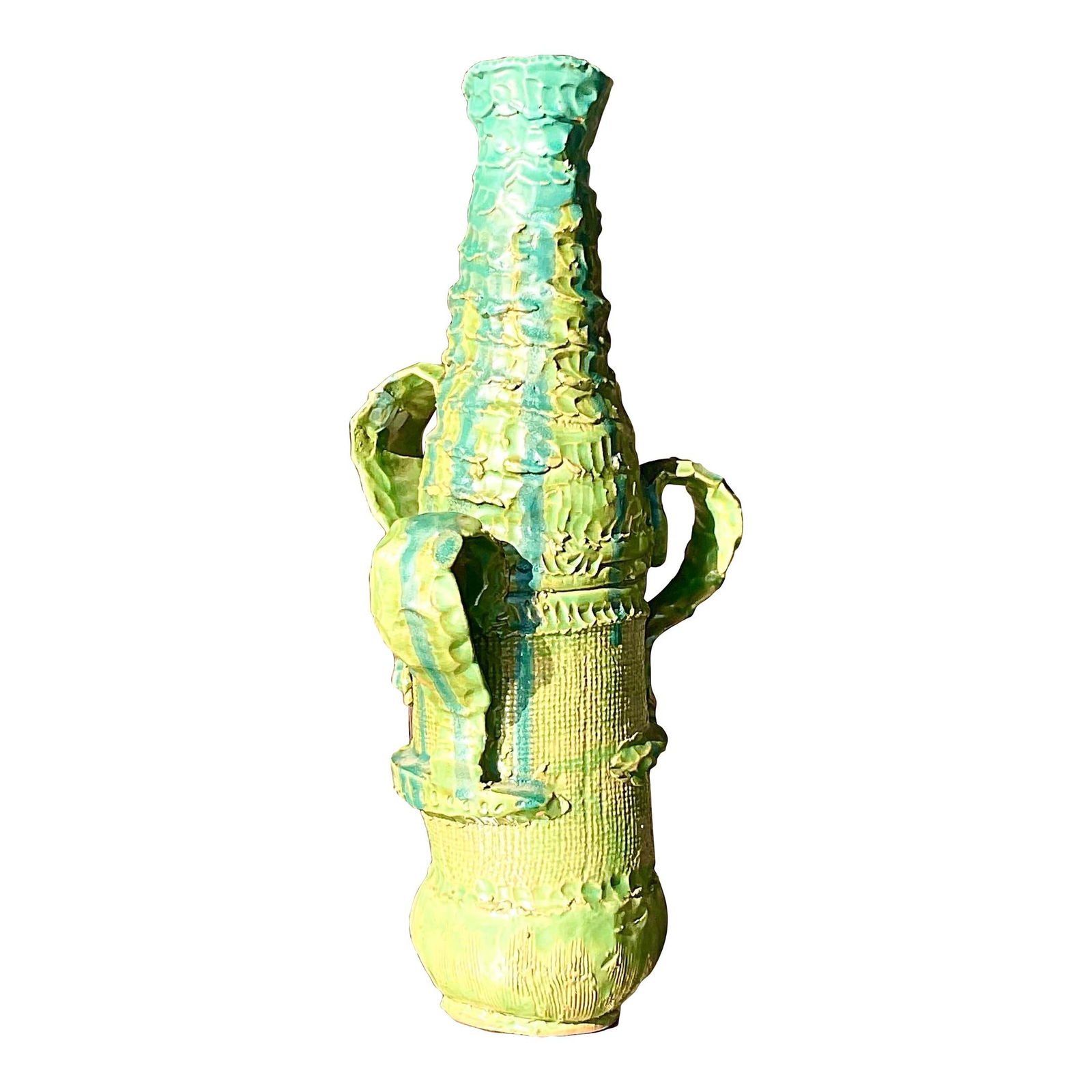 Vintage Boho Studio Pottery Vase Signed Emerald Green 14.5": Vintage Boho Studio Pottery Vase Signed Emerald Green 14.5" This stunning vintage Boho studio pottery vase showcases a beautiful handmade design in vibrant emerald green hues. It is signed on the bott