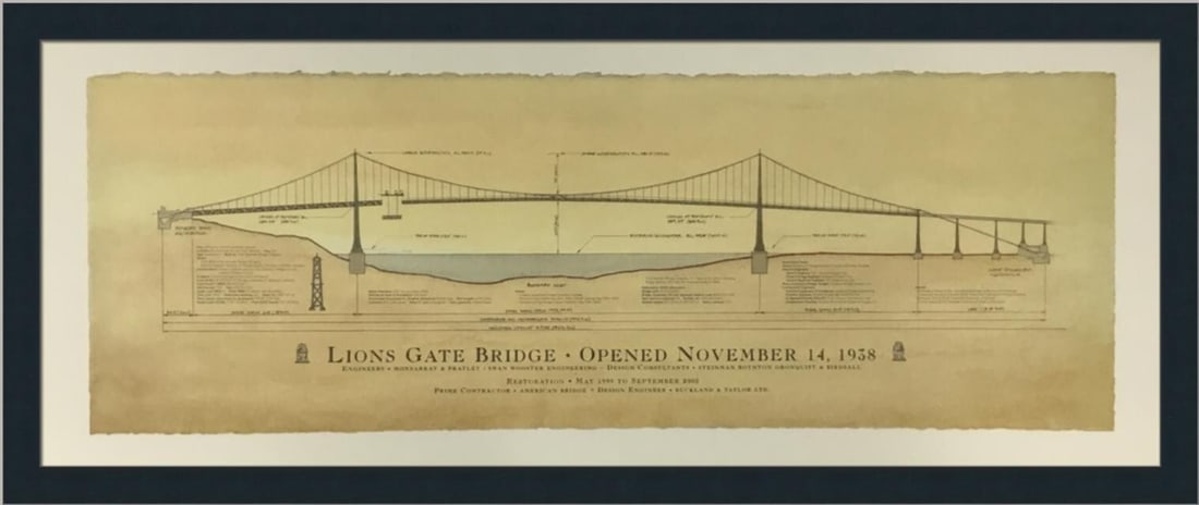 Lion's Gate Bridge Vancouver Custom Framed Lithograph Print: Lion's Gate Bridge Vancouver Custom Framed Lithograph Print This captivating custom framed print features the iconic Lion's Gate Bridge in Vancouver, Canada, showcasing a modernist style. Produced in
