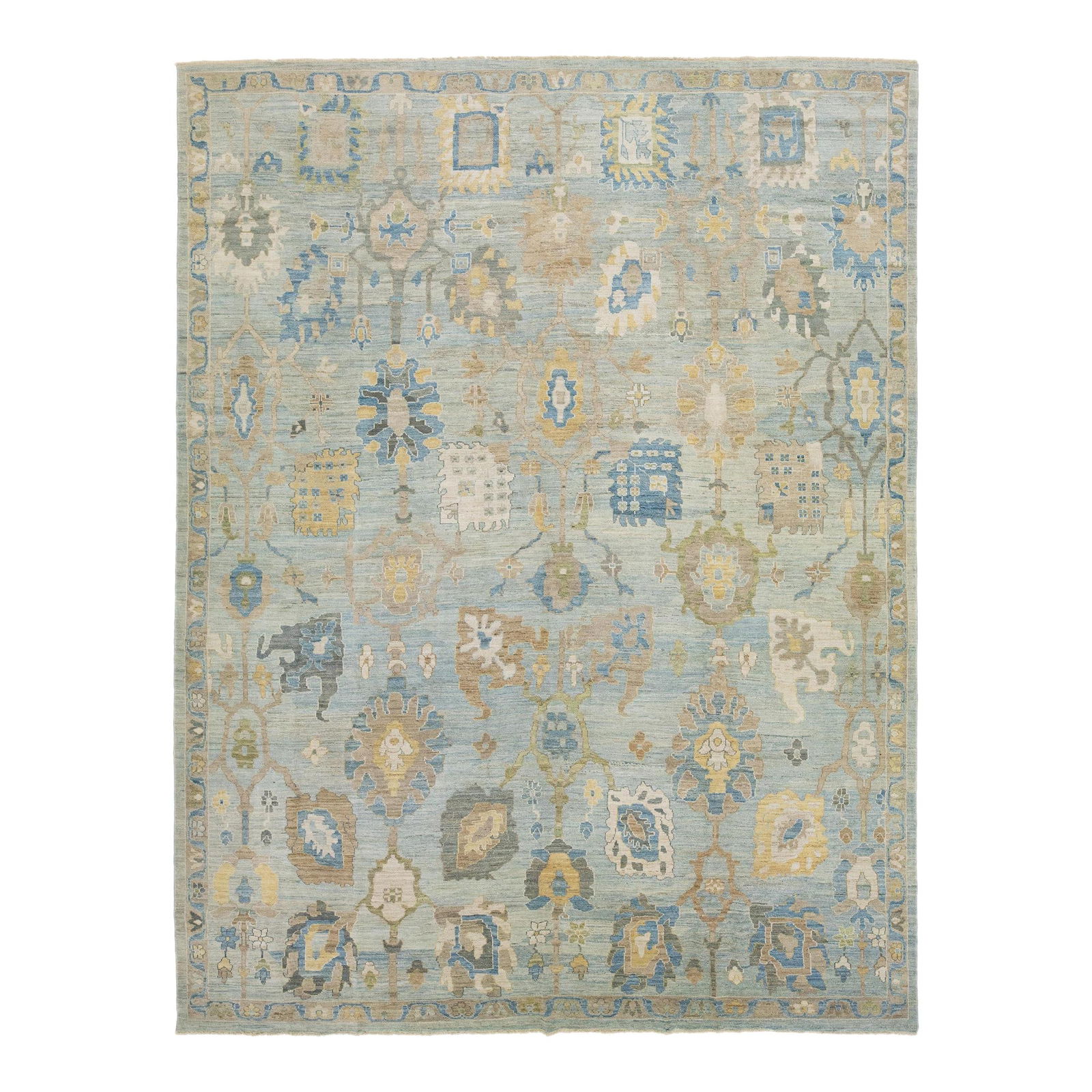 Oversized Blue Wool Sultanabad Rug 12'2 x 15'11 Allover Design: Oversized Blue Wool Sultanabad Rug 12'2 x 15'11 Allover Design This exquisite hand-knotted wool rug features a serene light blue background beautifully complemented by rich brown and yellow accents in