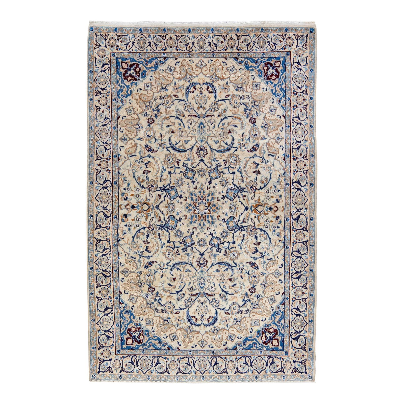 Vintage Nain Hand-Knotted Wool Rug Ivory Medallion 4'1" x 6'5": Vintage Nain Hand-Knotted Wool Rug Ivory Medallion 4'1" x 6'5" Enhance your living space with this exquisite Vintage Handmade Isfahan Wool Rug. Featuring a stunning ivory field adorned with multicolor