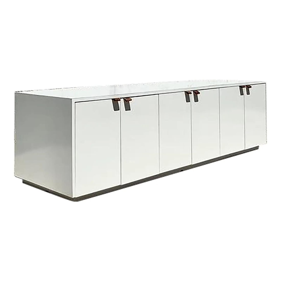 Vintage Boho White Lacquered Credenza with Leather Pulls 84": Vintage Boho White Lacquered Credenza with Leather Pulls 84" Discover the perfect blend of architectural minimalism and bohemian warmth with this vintage lacquered credenza. With a striking length of