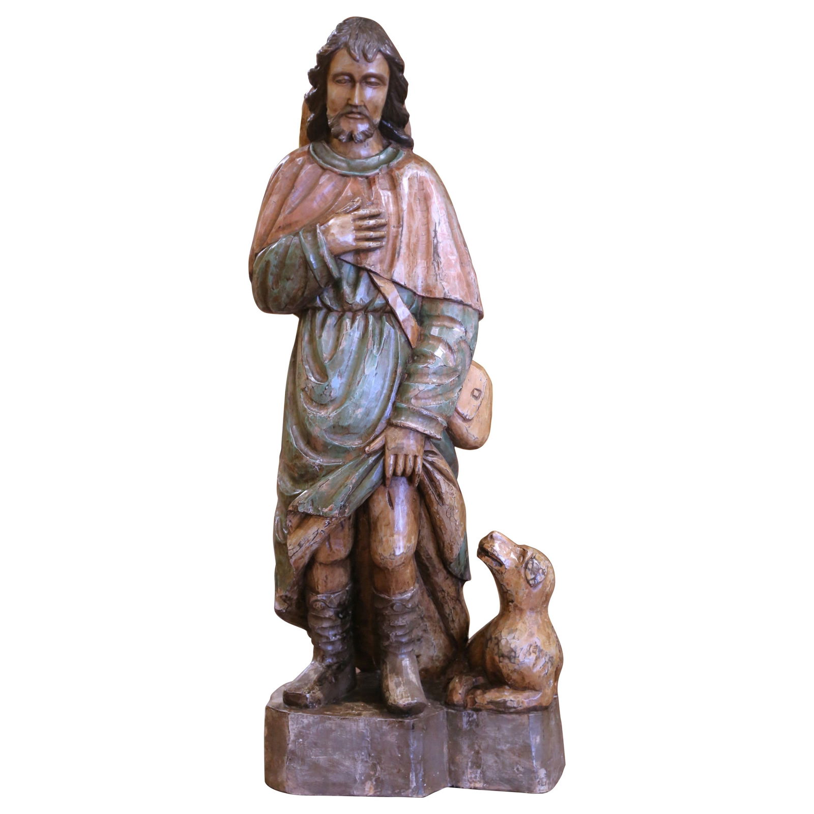 19th Century Oak Hand-Carved Polychrome Statue of Saint Roch: 19th Century Oak Hand-Carved Polychrome Statue of Saint Roch Celebrate the legacy of Saint Roch with this remarkable 19th-century French polychrome carved wood statue. Standing at an impressive height