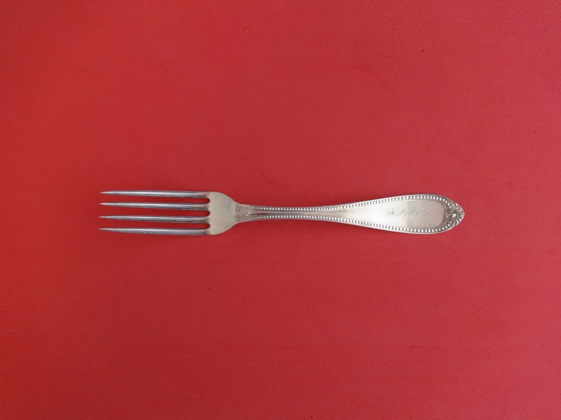M. W. Galt & Bros. Bead Coin Silver Dinner Fork with Monograms 7 3/4": M. W. Galt & Bros. Bead Coin Silver Dinner Fork with Monograms 7 3/4" This elegant dinner fork by M. W. Galt & Bros. is crafted from high-quality coin silver and features a beautiful bead pattern. Mea