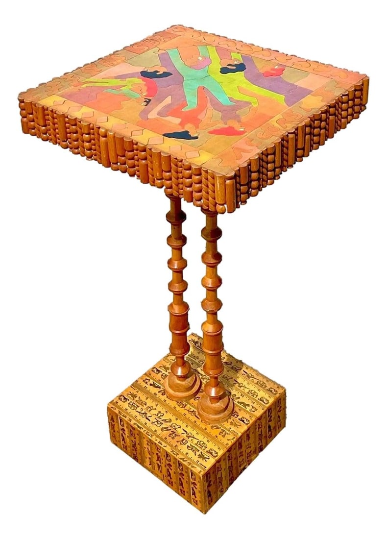 Vintage Boho William Accorsi Found Object Puzzle Table 26" Tall: Vintage Boho William Accorsi Found Object Puzzle Table 26" Tall Explore the charm of this late 20th century vintage Boho William Accorsi found object puzzle table. This imaginative piece features whim