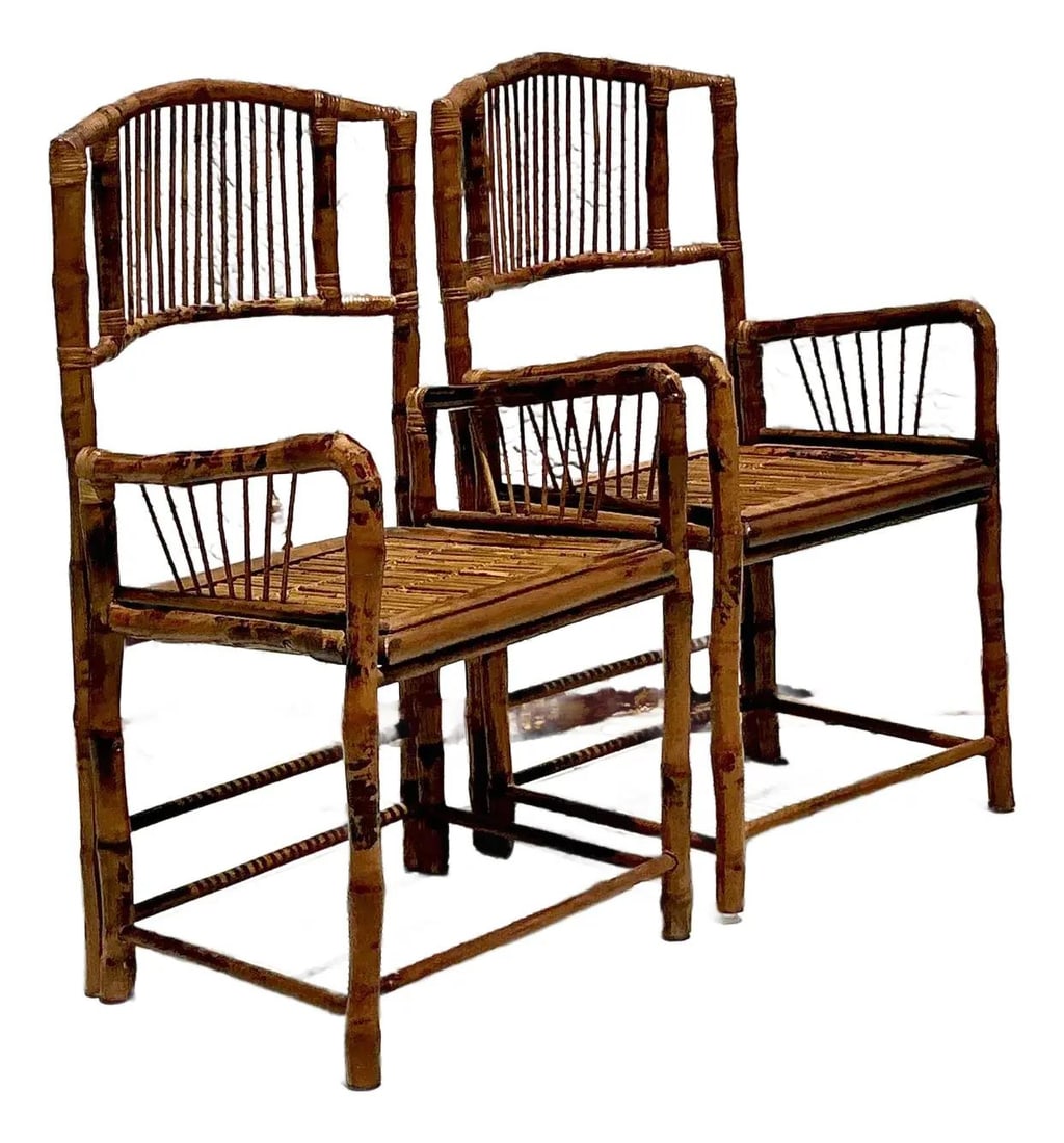 Vintage Faux Tortoise Bamboo Armchairs Pair with Fretwork: Vintage Faux Tortoise Bamboo Armchairs Pair with Fretwork Elevate your living space with this exquisite pair of vintage coastal armchairs, expertly crafted from bamboo and featuring a captivating faux