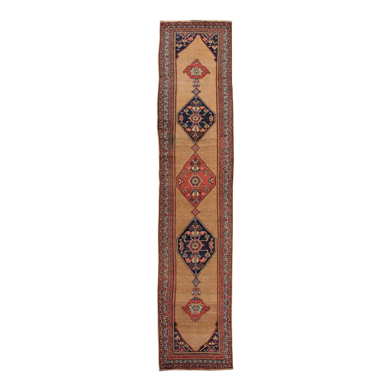 Antique Bidjar Wool Runner 3'5 x 16'6 Tribal Design Brown: Antique Bidjar Wool Runner 3'5 x 16'6 Tribal Design Brown Discover the elegance of this exquisite antique Bidjar hand-knotted wool runner, featuring a rich brown color field complemented by a vibrant