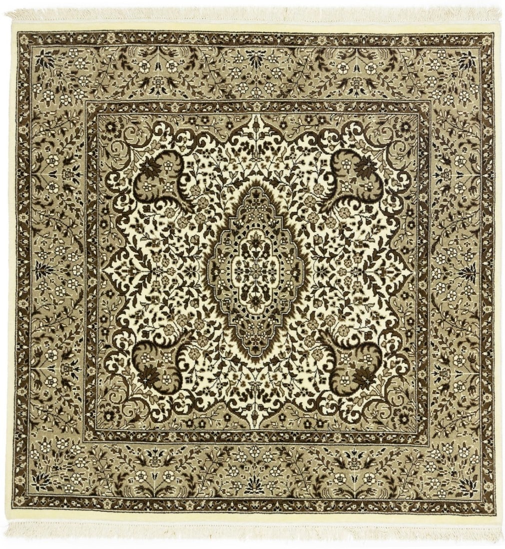 Hand-Knotted Square Kirman Rug Floral Design Wool 5x5 ft: Hand-Knotted Square Kirman Rug Floral Design Wool 5x5 ft Enhance your space with this exquisite Square Kirman Oriental Rug, featuring a stunning beige and brown floral design. This hand-knotted area r