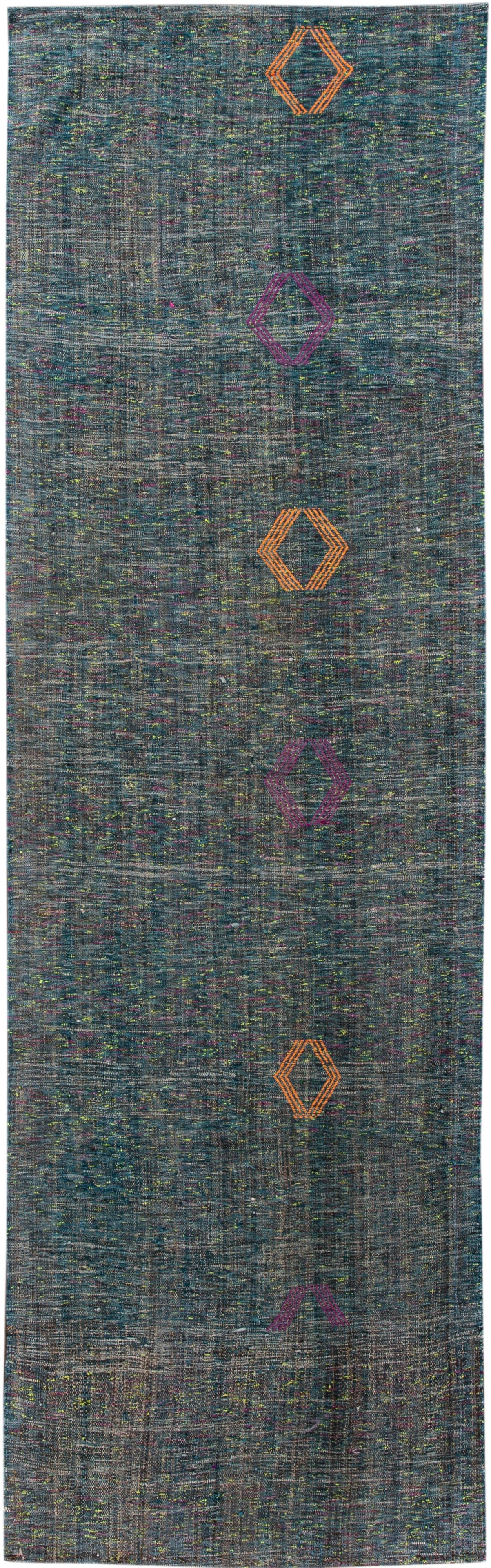 Mid 20th Century Vintage Wool Flatweave Runner Rug 3'6 x 11'4 Green Motif: Mid 20th Century Vintage Wool Flatweave Runner Rug 3'6 x 11'4 Green Motif This mid 20th century vintage flatweave runner rug features a stunning all-over green motif complemented by intricate details