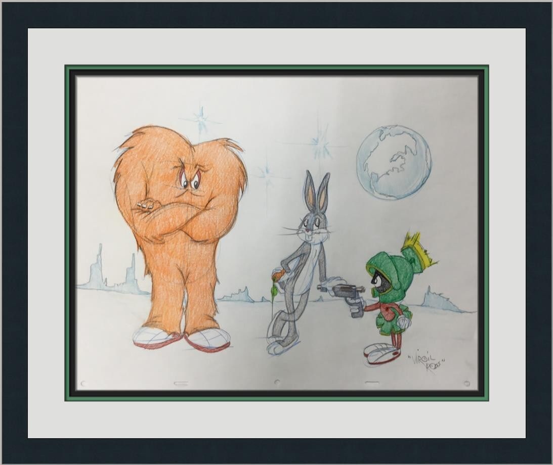 Framed Original Model Sheet Drawing Bugs Bunny Gossamer Marvin by Virgil Ross: Framed Original Model Sheet Drawing Bugs Bunny Gossamer Marvin by Virgil Ross This original signed model sheet drawing showcases the iconic characters Bugs Bunny, Gossamer, and Marvin the Martian, exp