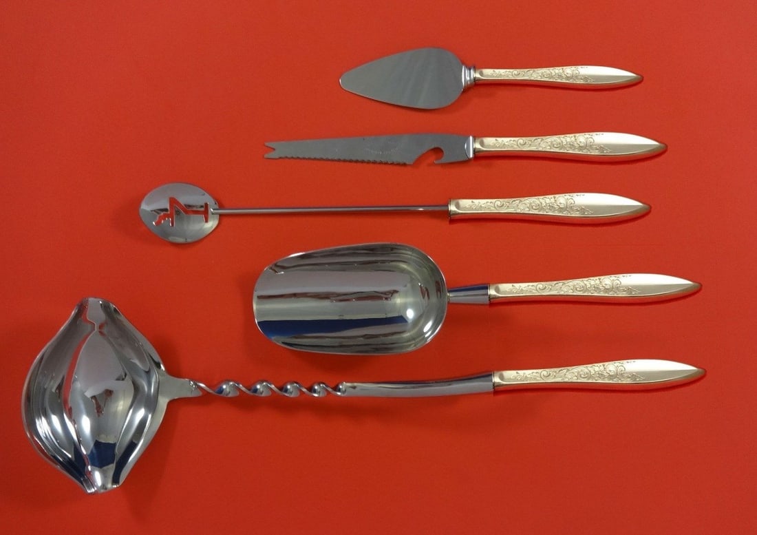 Gorham White Paisley Sterling Silver 5pc Cocktail Bar Set: Gorham White Paisley Sterling Silver 5pc Cocktail Bar Set Enhance your cocktail parties with this exquisite 5-piece White Paisley Hostess Set by Gorham, crafted from luxurious sterling silver. This cu