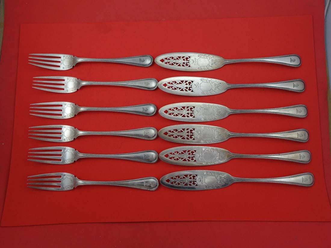 Victorian Sterling Silver Fish Set 12pc by Martin Hall & Co.: Victorian Sterling Silver Fish Set 12pc by Martin Hall & Co. This exquisite 12-piece Victorian fish set by Martin Hall & Co. is a stunning representation of English craftsmanship. Crafted from sterlin