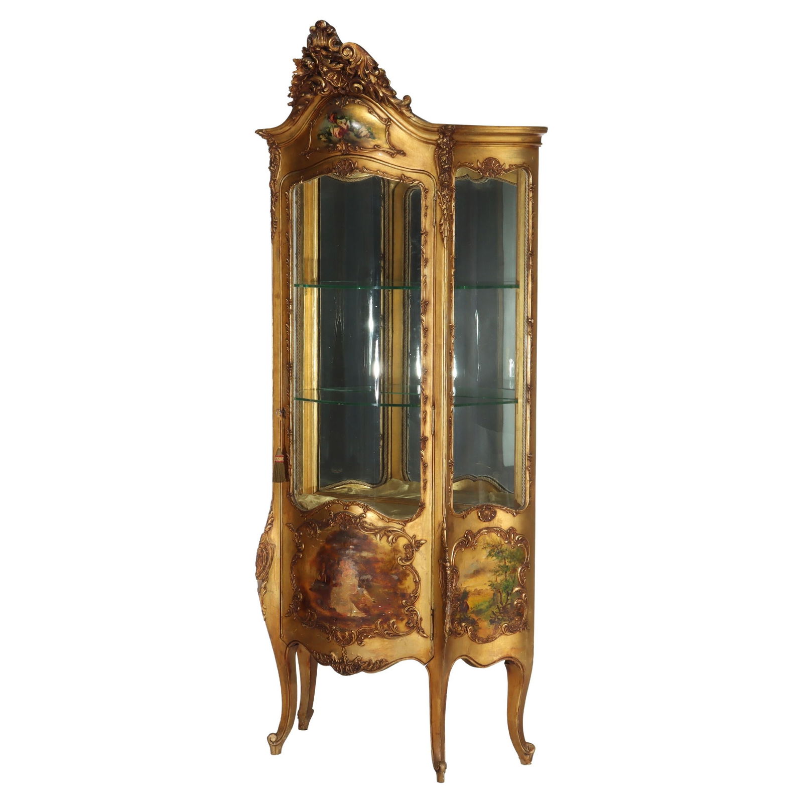 Late 19th Century Giltwood Serpentine Vitrine With Verdis Martin Panels: Late 19th Century Giltwood Serpentine Vitrine With Verdis Martin Panels This carved giltwood vitrine, dating to circa 1890, showcases a Bombay serpentine design and is adorned with Verdis Martin panel
