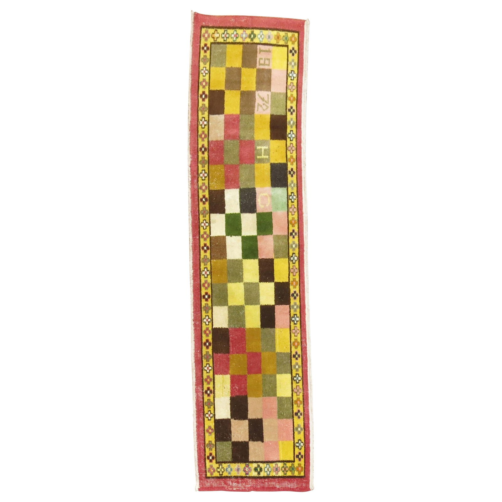 1972 Vintage Turkish Hand-Knotted Runner Mid-Century Modern Wool: 1972 Vintage Turkish Hand-Knotted Runner Mid-Century Modern Wool This vintage Turkish runner, crafted in 1972, showcases a unique checkerboard pattern with vibrant accents in pinks, yellow, brown, gol