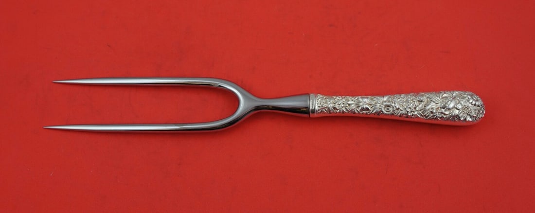 Kirk Repousse Sterling Silver Roast Holder 2-Tine 10.5 Inch: Kirk Repousse Sterling Silver Roast Holder 2-Tine 10.5 Inch This exquisite roast holder features the classic Repousse pattern by Kirk, crafted from high-quality sterling silver with a hollow handle. T