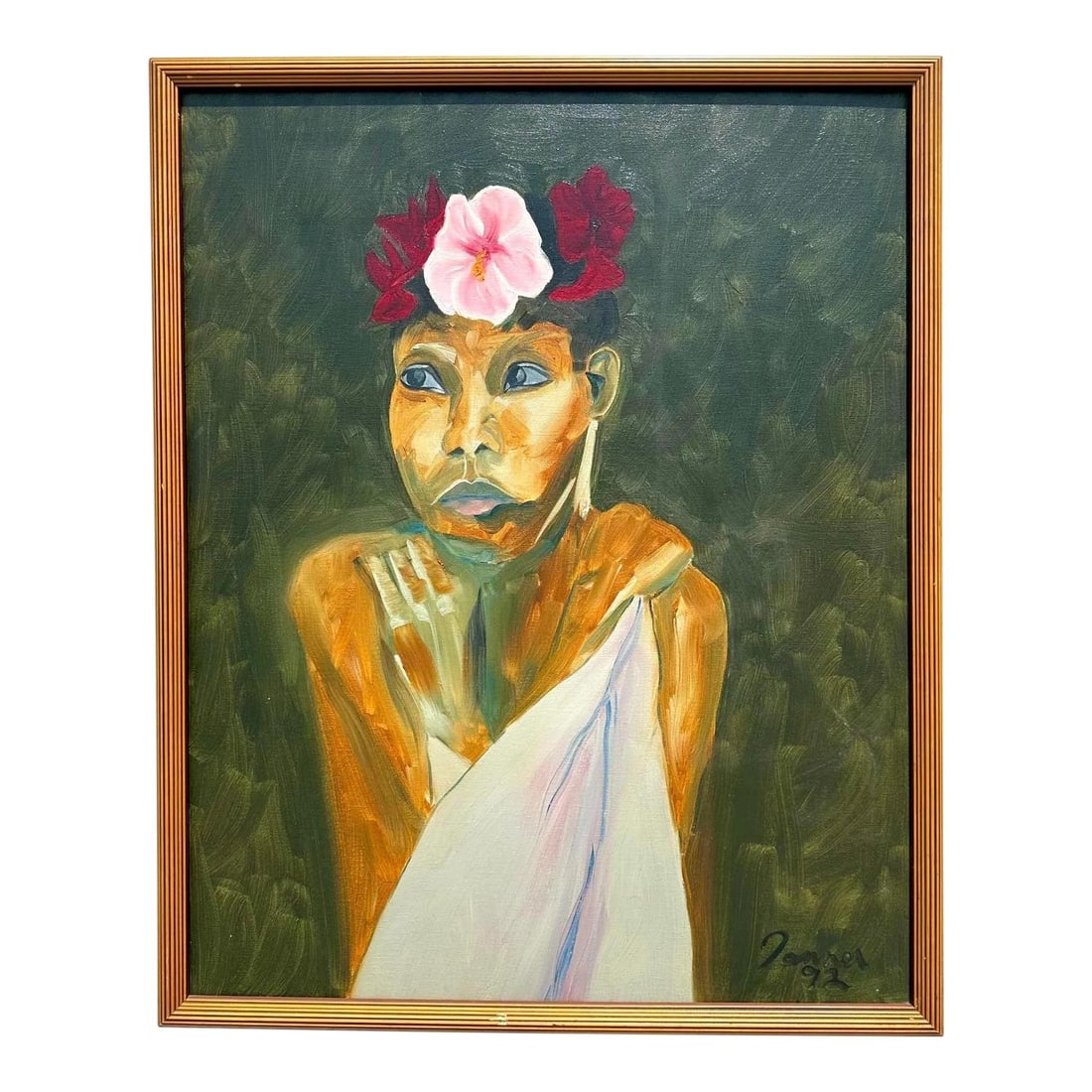 Vintage Boho Original Oil Painting Signed Canvas 25.5x31.75: Vintage Boho Original Oil Painting Signed Canvas 25.5x31.75 This stunning vintage Boho original oil painting on canvas features a captivating composition of a young woman adorned with flowers in her h