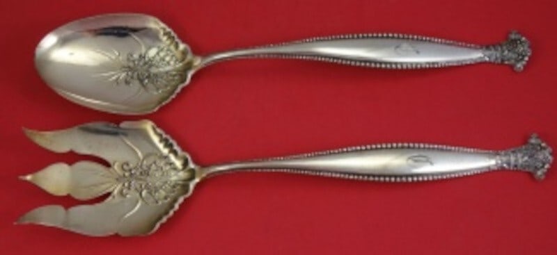 Shiebler Sandringham Sterling Silver Salad Serving Set 2pc 13 1/4" Monogrammed: Shiebler Sandringham Sterling Silver Salad Serving Set 2pc 13 1/4" Monogrammed Introducing the exquisite Sandringham Salad Serving Set by Shiebler, a stunning addition to any dining experience. Crafte