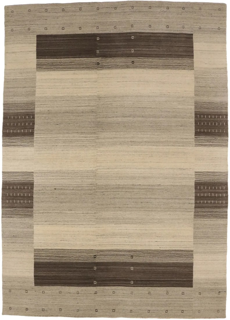 Vibrant Multicolored Border Modern Gabbeh Rug 6'8x9'4 Wool Kid Friendly: Vibrant Multicolored Border Modern Gabbeh Rug 6'8x9'4 Wool Kid Friendly Enhance your children's room with this vibrant Multicolored Gabbeh Oriental Rug, expertly crafted to bring a playful yet modern