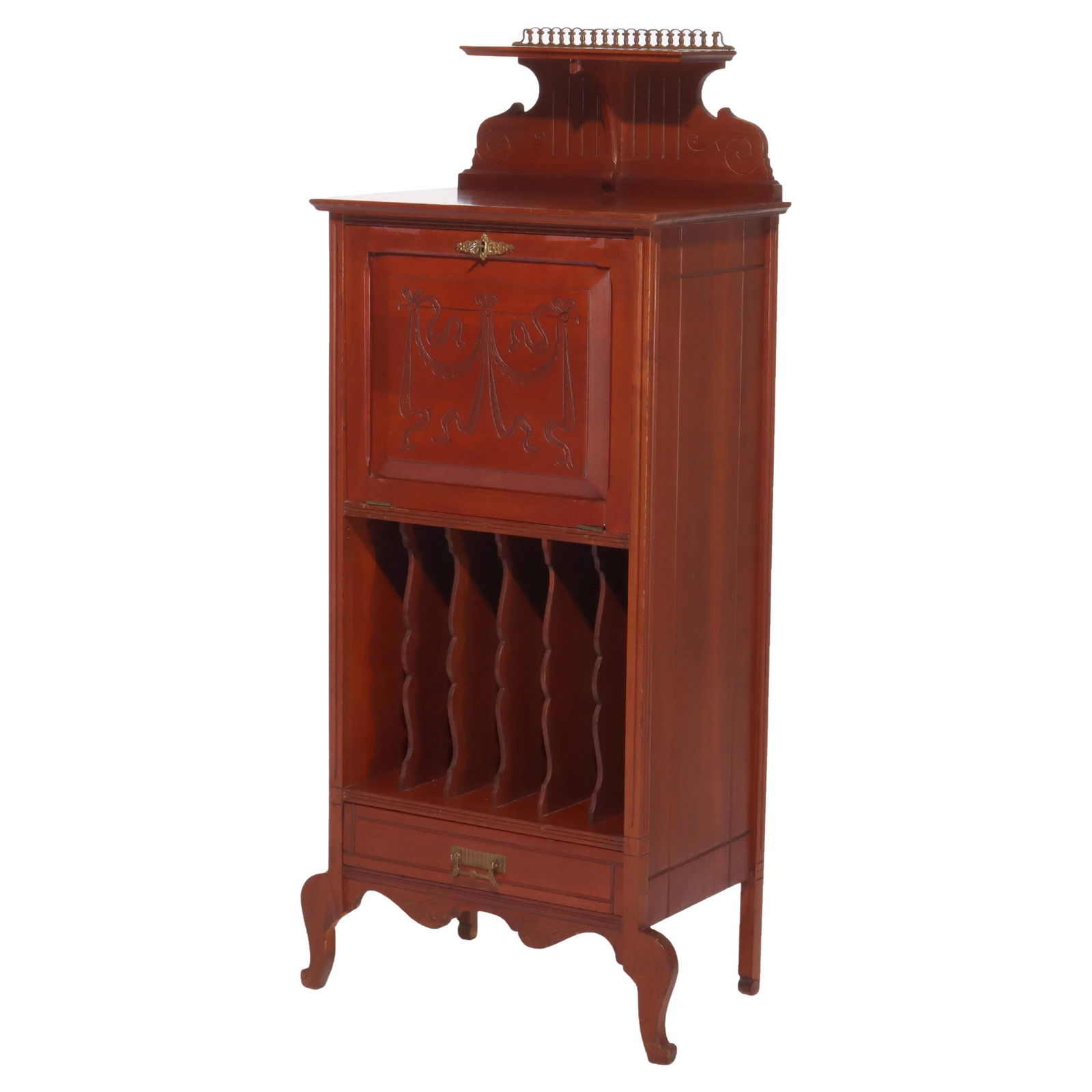 Antique Eastlake Cherry Ormolu Drop Front Music Cabinet C1890: Antique Eastlake Cherry Ormolu Drop Front Music Cabinet C1890 This exquisite Eastlake style drop front music cabinet and stand, crafted circa 1890, showcases the intricate craftsmanship characteristic