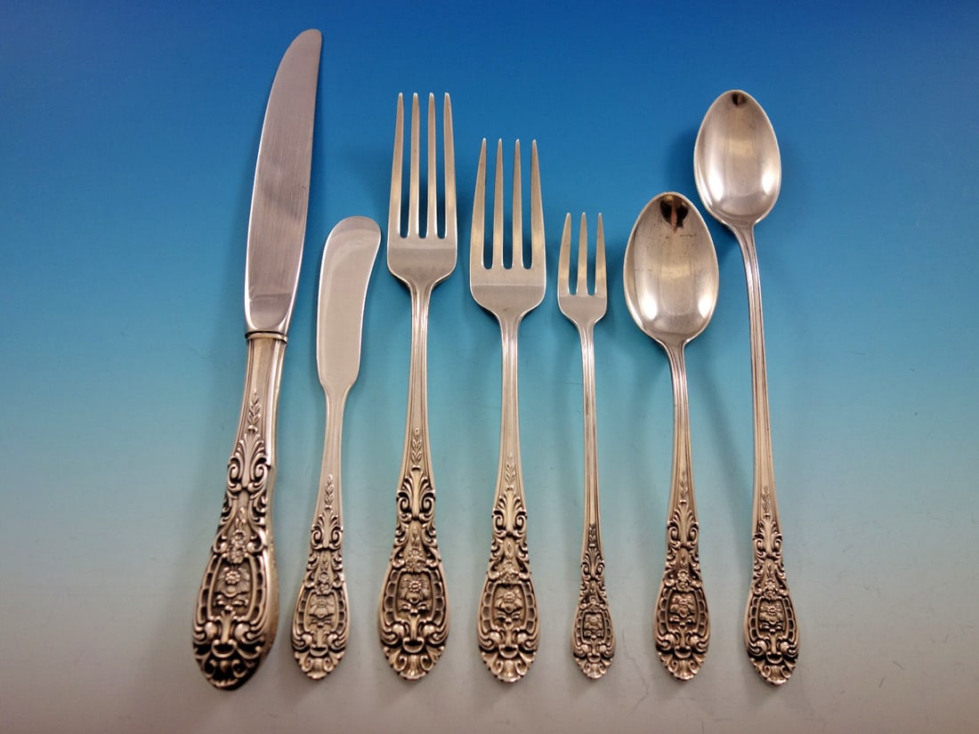 Easterling Southern Grandeur Sterling Silver Flatware Set 95 pcs Service for 12: Easterling Southern Grandeur Sterling Silver Flatware Set 95 pcs Service for 12 Elevate your dining experience with the exquisite Southern Grandeur sterling silver flatware set by Easterling. This pos