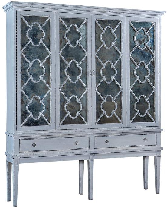 Wilcox White Media Cabinet with Mirrors and Bi-Fold Doors: Wilcox White Media Cabinet with Mirrors and Bi-Fold Doors This elegant antique-style white cabinet features a stunning design ideal for any media room. Crafted with bi-fold doors and adorned with mirr