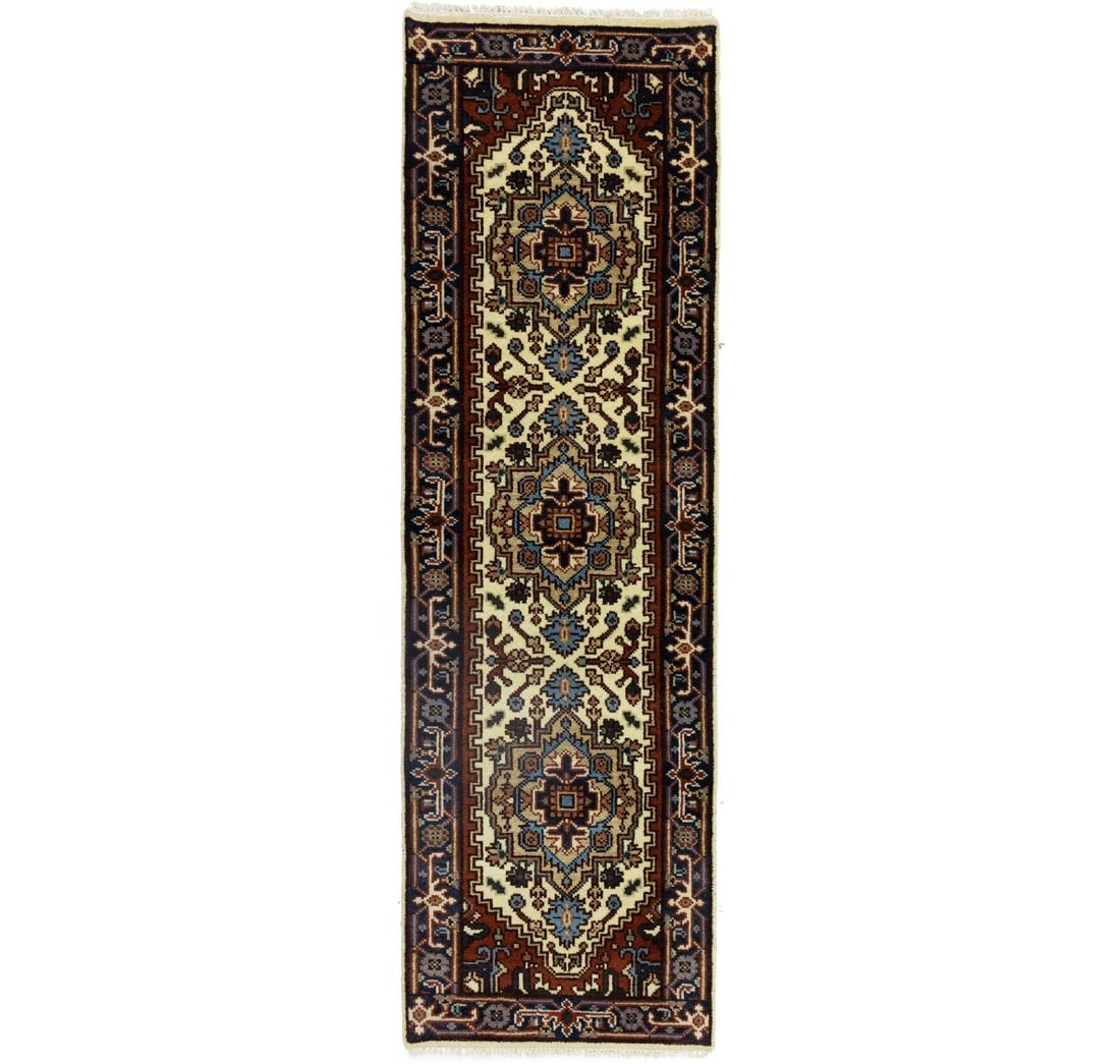 Wool Floral Heriz Serapi Runner Rug Hand-Knotted 2'6 x 8' Modern Kitchen Carpet: Wool Floral Heriz Serapi Runner Rug Hand-Knotted 2'6 x 8' Modern Kitchen Carpet This hand-knotted Heriz Serapi runner rug features a modern floral pattern with tribal influences, crafted from wool for