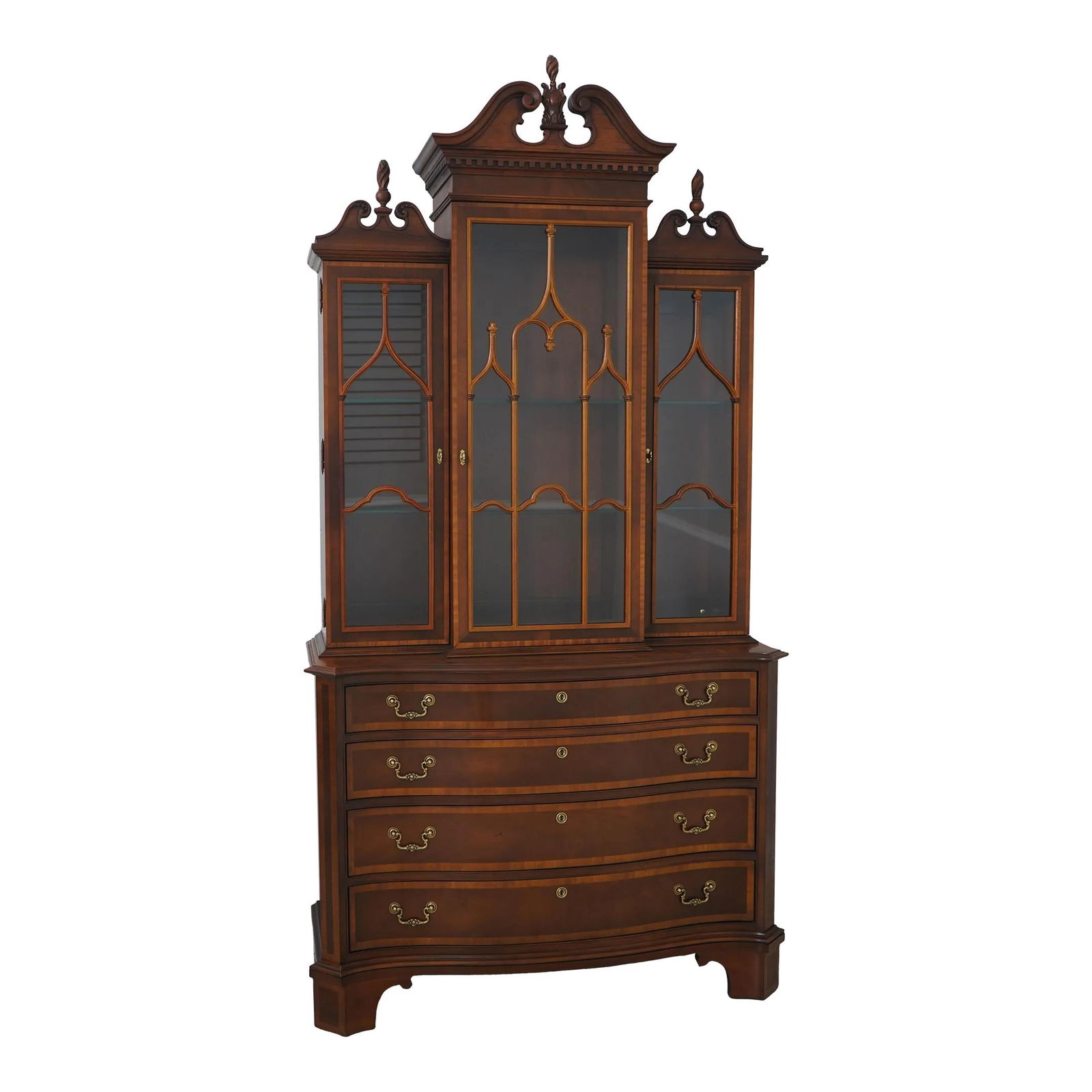 Hickory Chair Co. Chippendale Mahogany Stepback Cabinet with Finial: Hickory Chair Co. Chippendale Mahogany Stepback Cabinet with Finial This exquisite Chippendale-style stepback china cabinet showcases a stunning figural mahogany construction, highlighting the craftsm