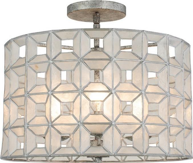 Kalco Prado Capiz Shell Semi Flush Mount Light Oxidized Silver Leaf 14H 17W 17D: Kalco Prado Capiz Shell Semi Flush Mount Light Oxidized Silver Leaf 14H 17W 17D Illuminate your space with this elegant Capiz Shell Semi Flush Mount Light, a stunning addition to any contemporary deco