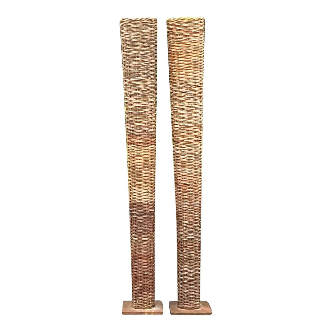 Pair of Vintage 48 Inch Tall Woven Rattan Floor Vases: Pair of Vintage 48 Inch Tall Woven Rattan Floor Vases Transform your living space with this stunning pair of vintage tall woven rattan floor vases. Featuring impressive height and elegantly tapered cy
