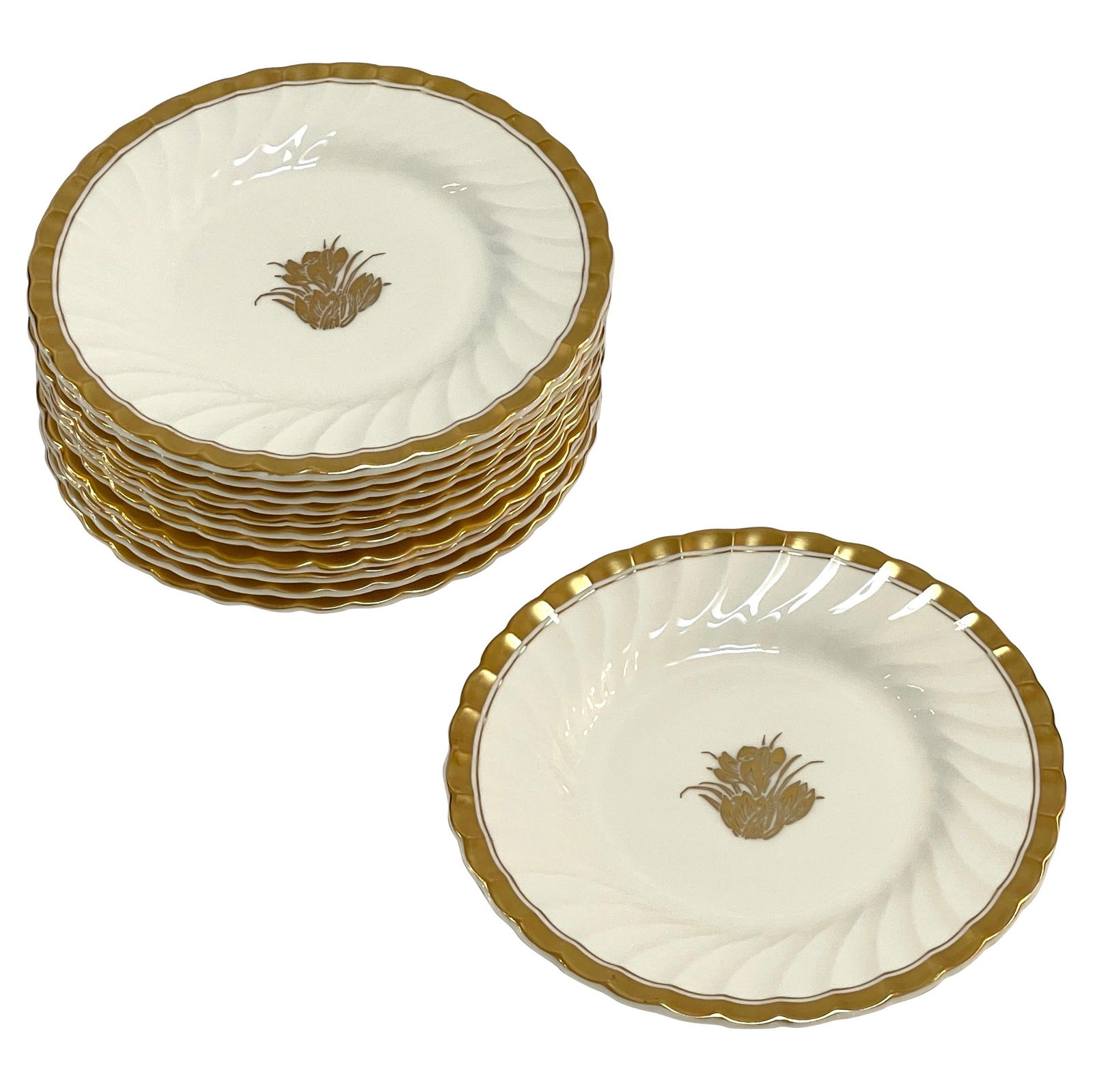 Set of 12 Mintons Gold Crocus Plates 6 Inch Porcelain England: Set of 12 Mintons Gold Crocus Plates 6 Inch Porcelain England This exquisite set of twelve Mintons 'Gold Crocus' bread or dessert plates features an elegant design that is both charming and refined. P