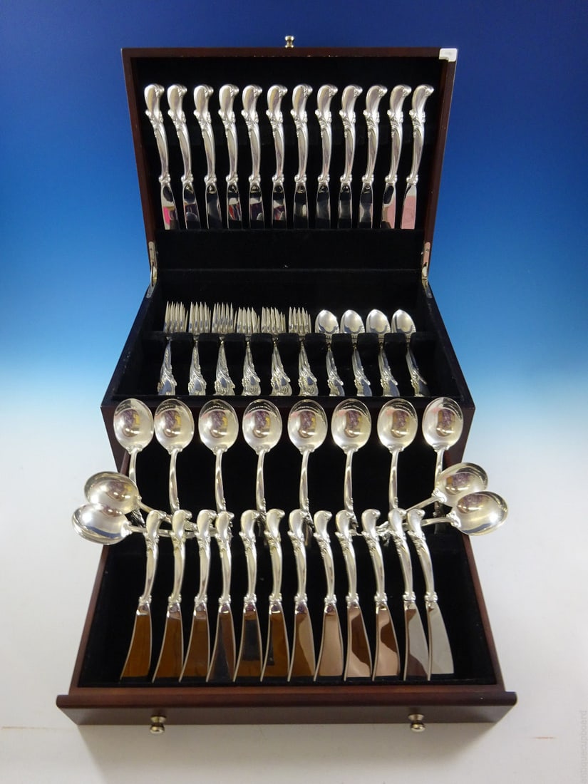 Wallace Waltz of Spring Sterling Silver Flatware Set for 12 72 Pieces with Storage Chest: Wallace Waltz of Spring Sterling Silver Flatware Set for 12 72 Pieces with Storage Chest Enhance your dining experience with the exquisite "Waltz of Spring" flatware set by Wallace. This elegant sterl