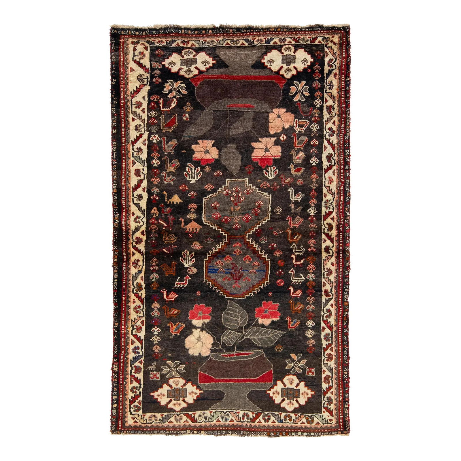 Vintage Handmade Persian Wool Rug 3'6 x 6 Dark Brown Multicolored Design: Vintage Handmade Persian Wool Rug 3'6 x 6 Dark Brown Multicolored Design This vintage Persian handmade wool rug features a rich dark brown field adorned with multicolored accents throughout its intric