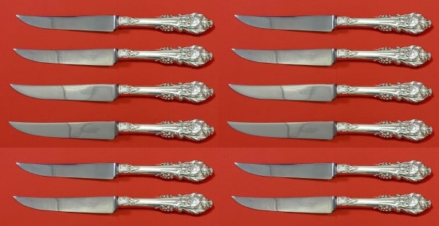 Wallace Sir Christopher Sterling Silver Steak Knife Set of 12 8 3/4 Inch: Wallace Sir Christopher Sterling Silver Steak Knife Set of 12 8 3/4 Inch This exquisite custom set of 12 steak knives features the elegant Sir Christopher pattern by Wallace. Each knife is crafted wit