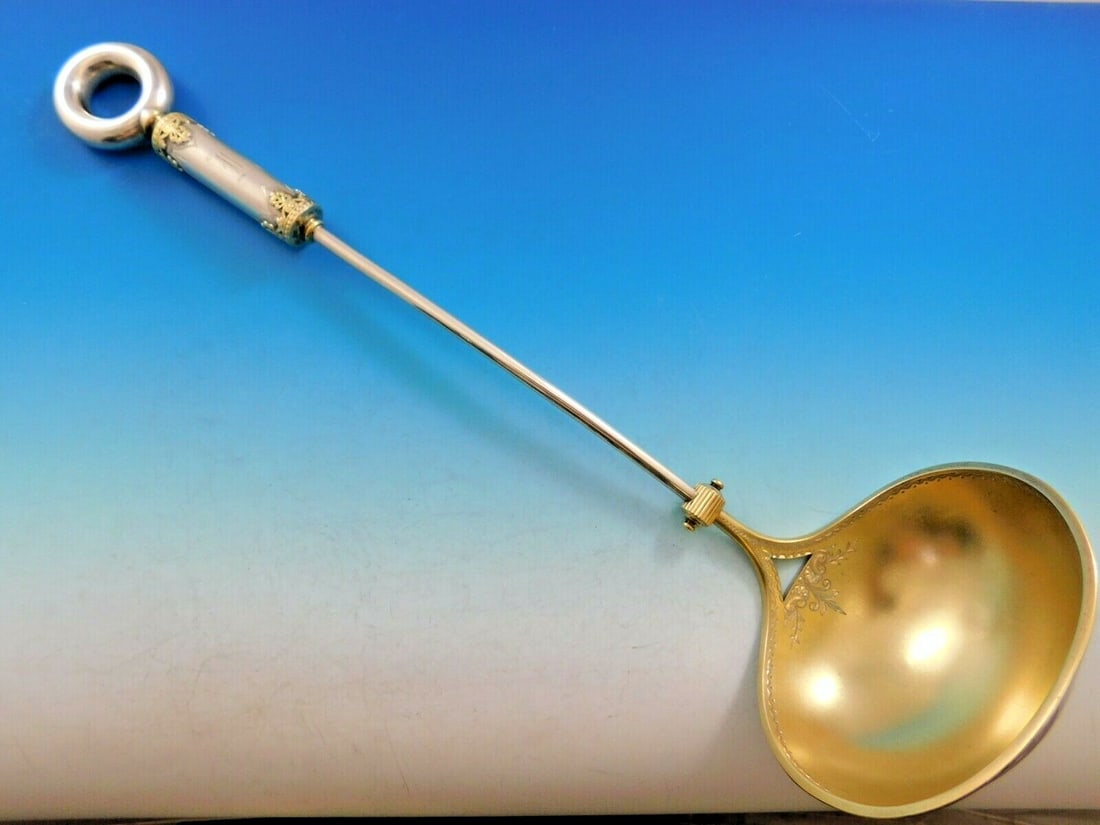 Gorham Art Silver Sterling Soup Ladle 14.5 Gold-Washed Design: Gorham Art Silver Sterling Soup Ladle 14.5 Gold-Washed Design This exquisite sterling silver soup ladle, crafted by Gorham, showcases the elegance of Art Silver from circa 1860-1883. Measuring 14 1/2