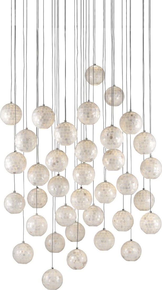 Currey Finhorn 36-Light Pendant with Mother of Pearl Shade: Currey Finhorn 36-Light Pendant with Mother of Pearl Shade Illuminate your space with the Elegant Silver and Pearl 36-Light Pendant, a stunning addition to your decor. This multi-drop pendant features