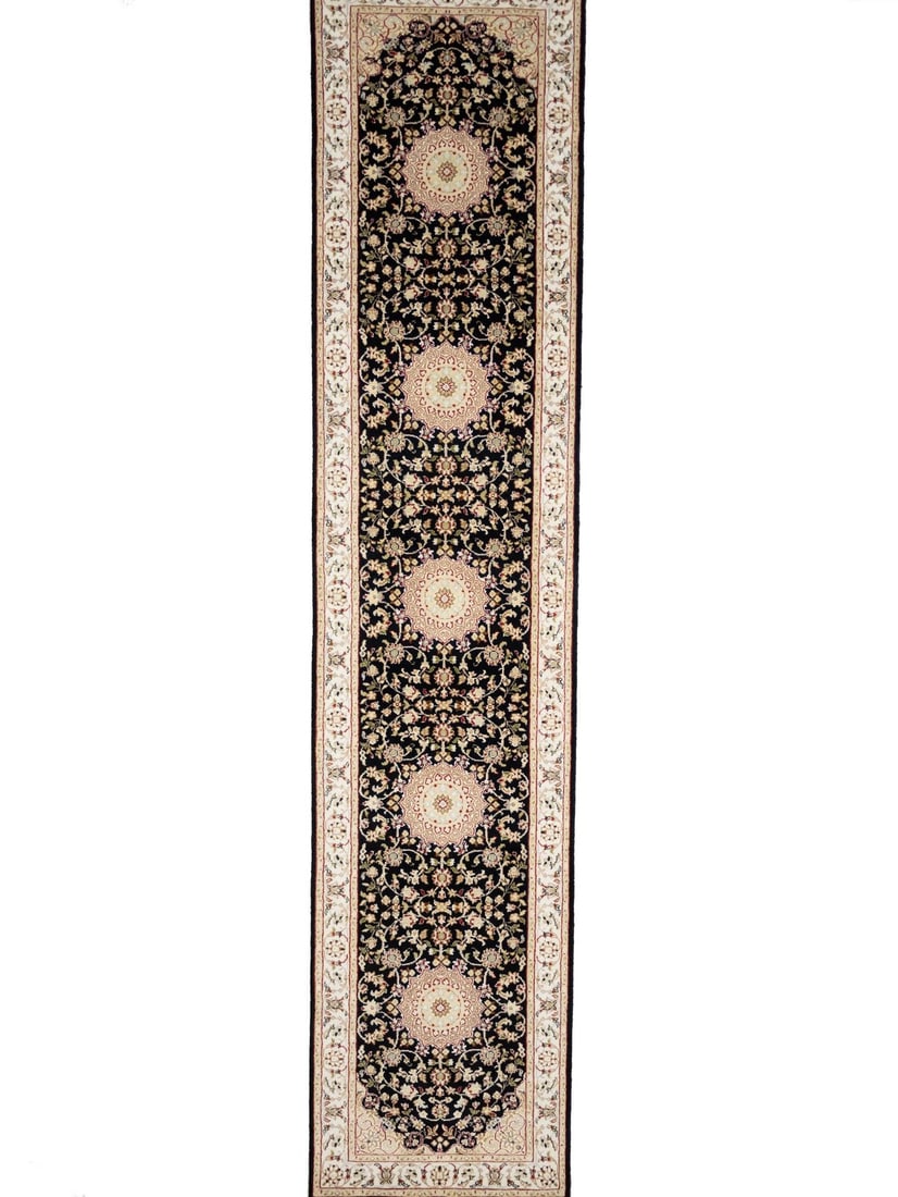 Handmade Black Floral Indo-Nain Wool Runner Rug 2'8 x 12'4: Handmade Black Floral Indo-Nain Wool Runner Rug 2'8 x 12'4 Enhance your space with this exquisite handmade black Indo-Nain wool runner rug, featuring a stunning floral design. Measuring 2'8" x 12'4",