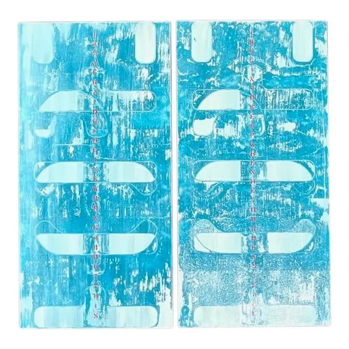 Pair of Vintage Abstract Oil Paintings on Board Set of 2: Pair of Vintage Abstract Oil Paintings on Board Set of 2 This set of two vintage contemporary abstract oil paintings on board showcases dynamic forms and a sky blue palette. Each piece blends classic