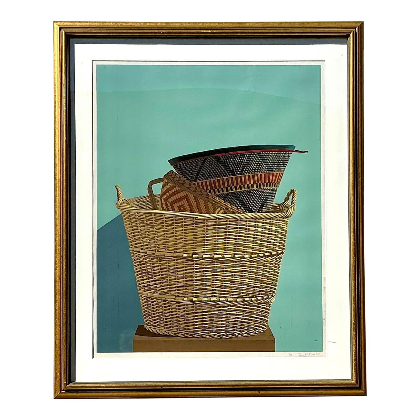 Vintage Boho Original Basket Serigraph Art 37.25 x 45 Aqua: Vintage Boho Original Basket Serigraph Art 37.25 x 45 Aqua Embrace the bohemian spirit with this vintage original basket serigraph on paper. Crafted with rich, earthy tones and intricate detailing, th