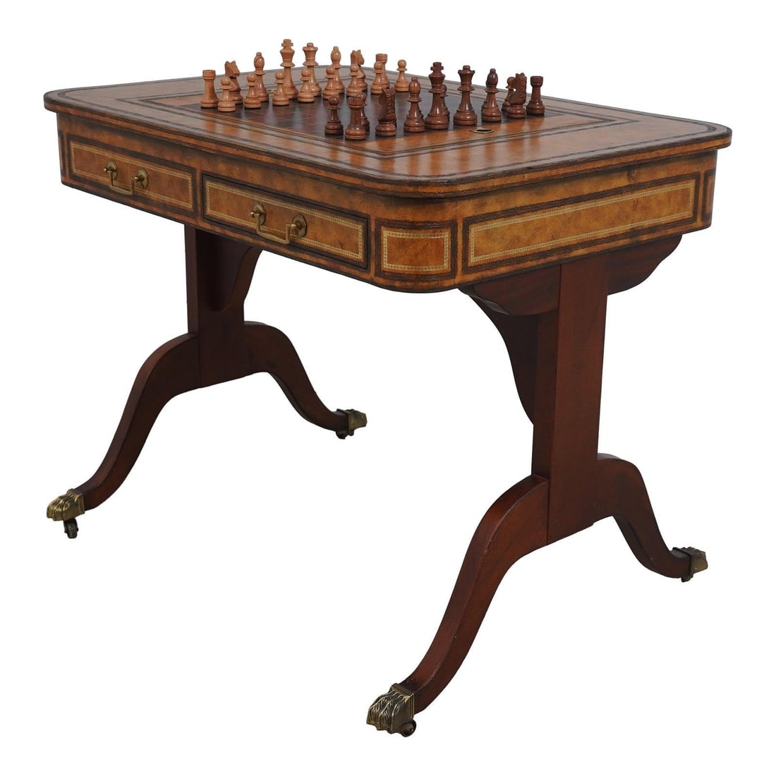 Maitland Smith Regency Style Leather Top Game Table: Maitland Smith Regency Style Leather Top Game Table Discover the elegance of this Maitland Smith Leather Top Games Table, featuring exquisite Duncan Pyfe legs and a reversible game board top. Crafted