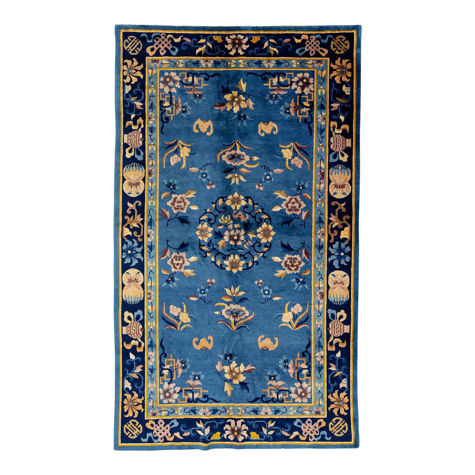 1960s Handmade Antique Peking Chinese Wool Rug Blue Floral Design 4'11 x 8'5: 1960s Handmade Antique Peking Chinese Wool Rug Blue Floral Design 4'11 x 8'5 Enhance your home decor with this exquisite handmade Chinese rug from the 1960s. Featuring a captivating blue field adorned