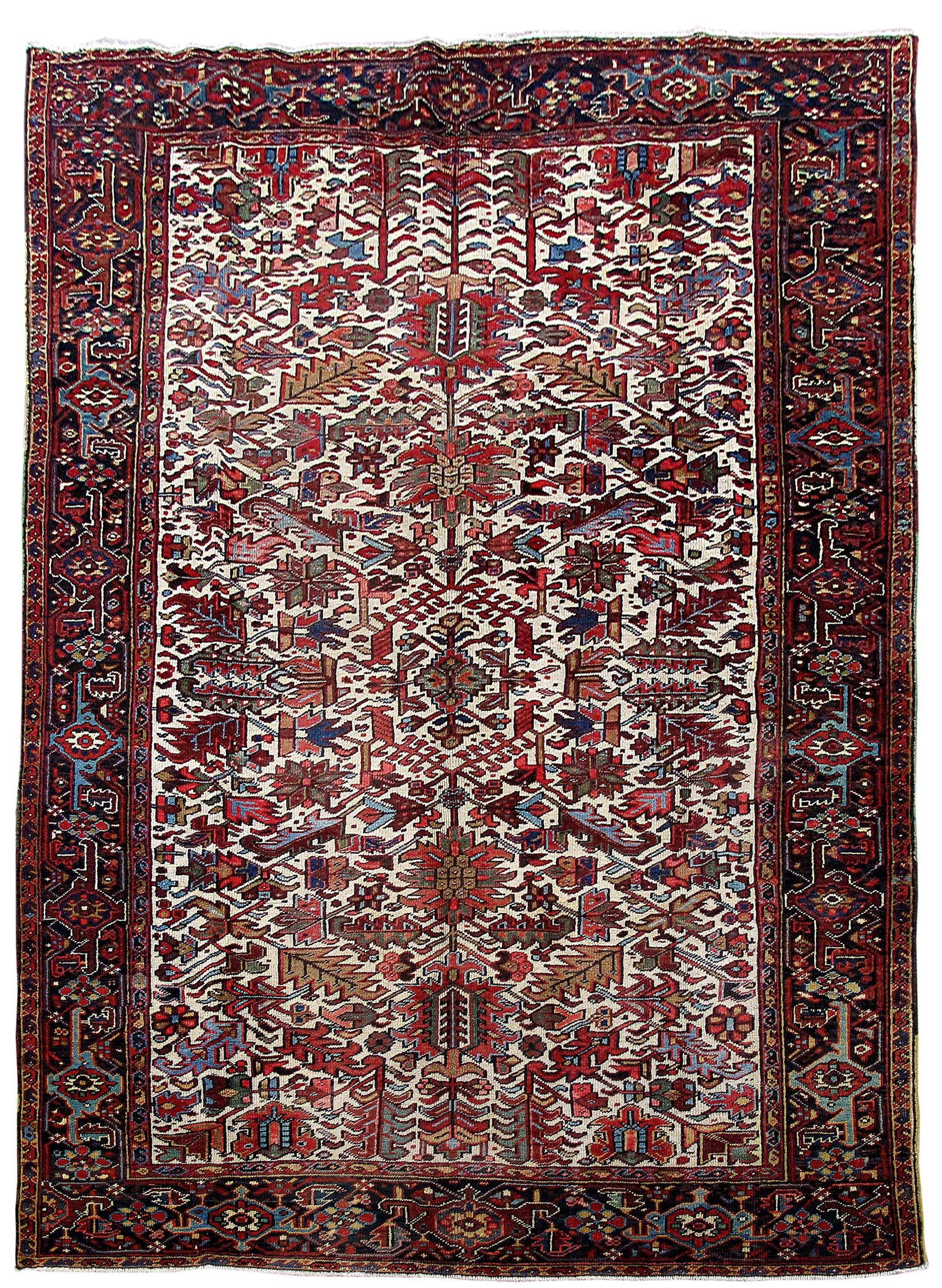 Ivory Persian Heriz Rug Handcrafted 7'10 x 10'9 Silk Like Pile: Ivory Persian Heriz Rug Handcrafted 7'10 x 10'9 Silk Like Pile Free continental US Shipping Enhance your living space with this exquisite handcrafted Red Persian Heriz Rug, measuring 7' 10" x 10' 9".