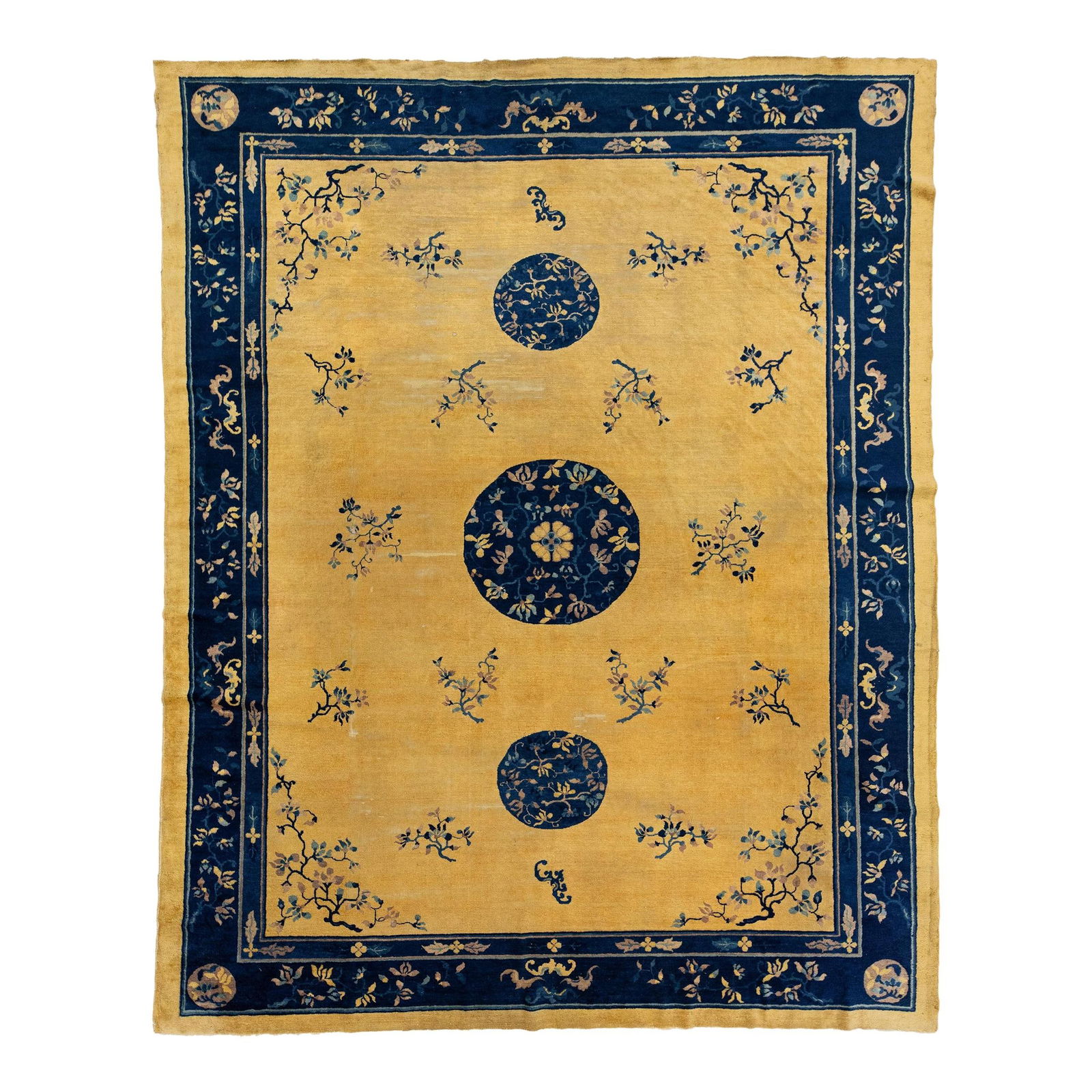 1920s Antique Peking Chinese Wool Rug Goldenrod with Navy Accents: 1920s Antique Peking Chinese Wool Rug Goldenrod with Navy Accents This exquisite 1920s antique Peking Chinese wool rug showcases a vibrant goldenrod field elegantly framed by a decorative border and a