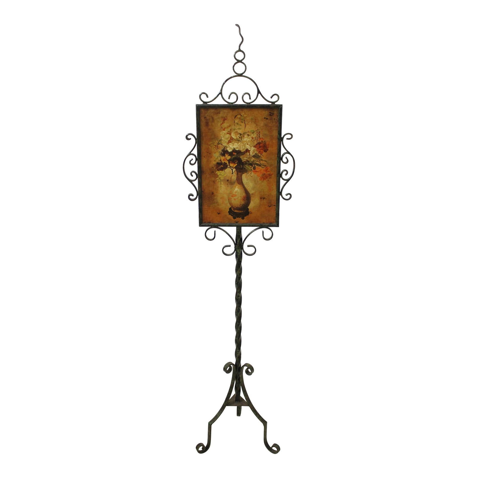 Elegant Faux Bronze Finish Iron Fire Screen 59" Tall: Elegant Faux Bronze Finish Iron Fire Screen 59" Tall Enhance your home decor with this exquisite Paint Decorated Iron Base Fire Screen, approximately 20 years old. Featuring a beautiful faux bronze fi