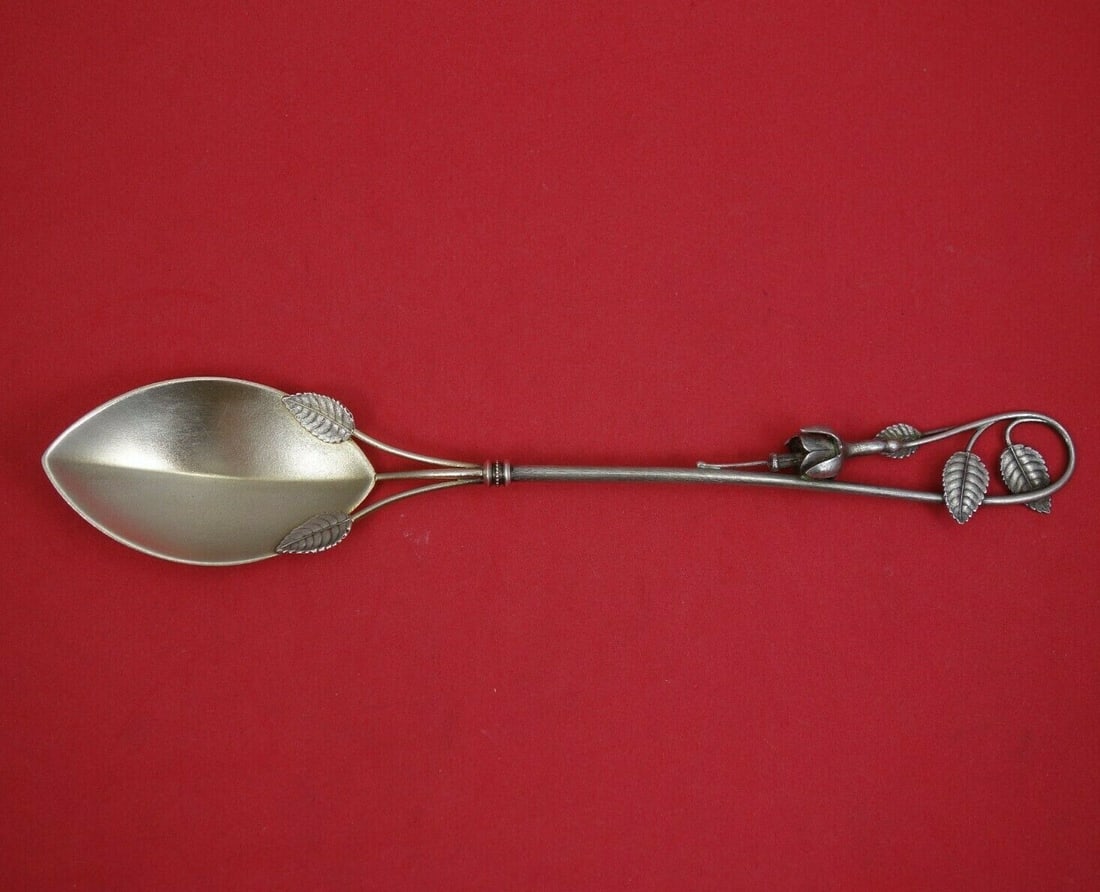 Whiting Fuchsia Sterling Silver Preserve Spoon Gold Washed Frosted 8.5": Whiting Fuchsia Sterling Silver Preserve Spoon Gold Washed Frosted 8.5" This exquisite preserve spoon from the esteemed Fuchsia pattern by Whiting showcases the beauty of sterling silver with a luxuri