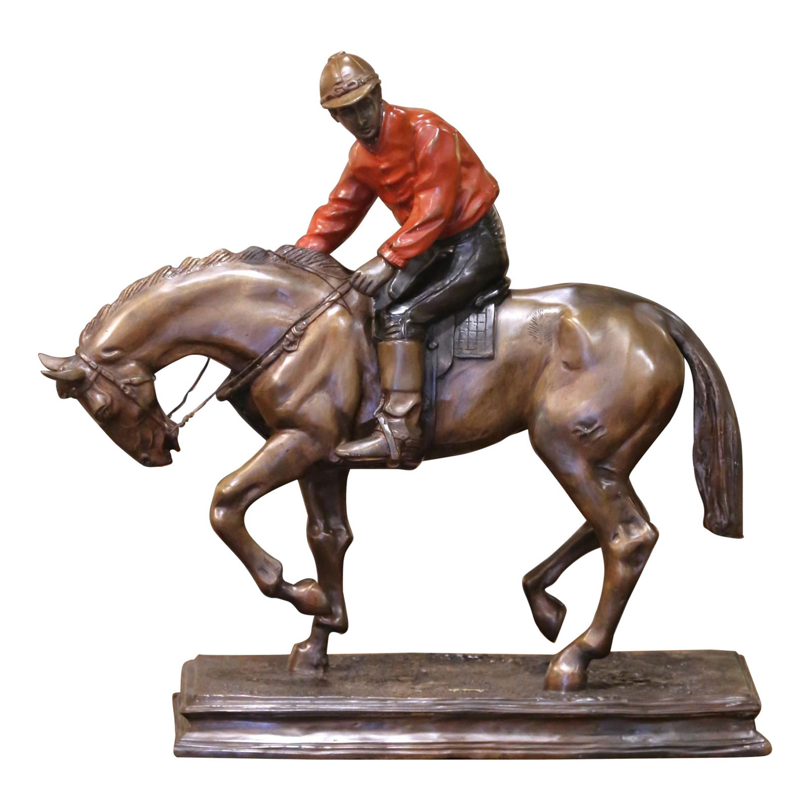 19th Century French Spelter Sculpture Jockey on Horseback by P.J. Mene: 19th Century French Spelter Sculpture Jockey on Horseback by P.J. Mene Make a bold statement with this impressive 19th-century French spelter sculpture, signed by renowned artist Pierre-Jules Mene (18