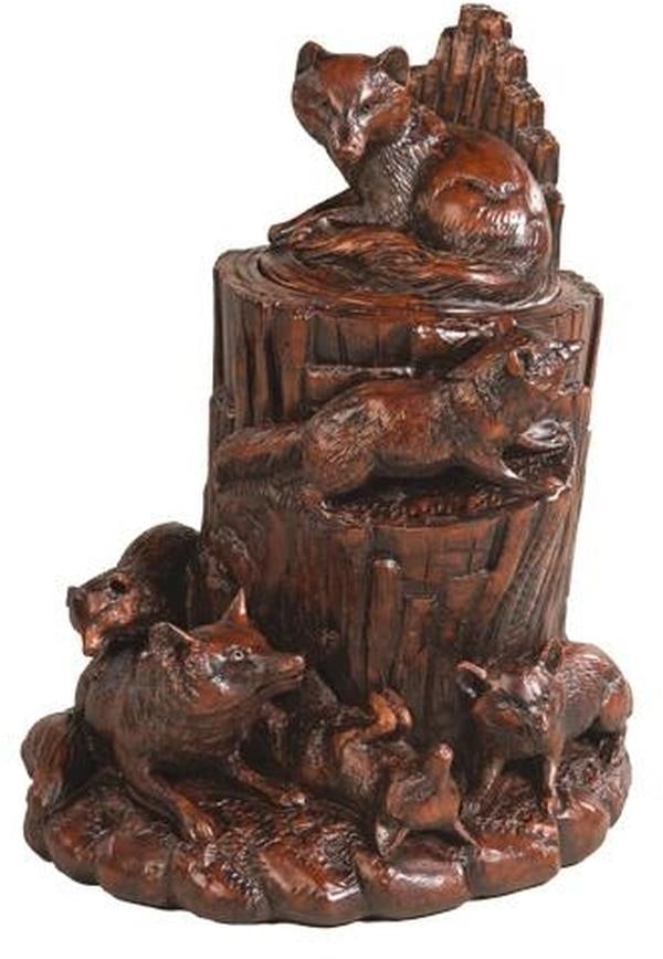 Fox Family Lodge Style Resin Sculpture Storage Box Green Finish: Fox Family Lodge Style Resin Sculpture Storage Box Green Finish Discover the charm of this unique fox-themed traditional resin sculpture box. Hand-cast and hand-painted, this delightful piece showcase