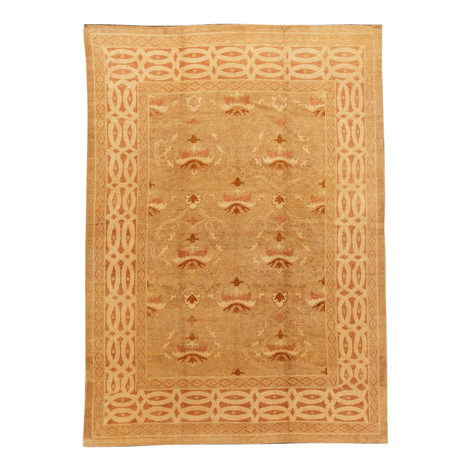 Handmade Oushak Wool Rug 10'7 x 14'9 Floral Tan Accents: Handmade Oushak Wool Rug 10'7 x 14'9 Floral Tan Accents This exquisite handmade contemporary Oushak wool rug showcases a beautiful tan base adorned with a captivating floral pattern in stunning peach